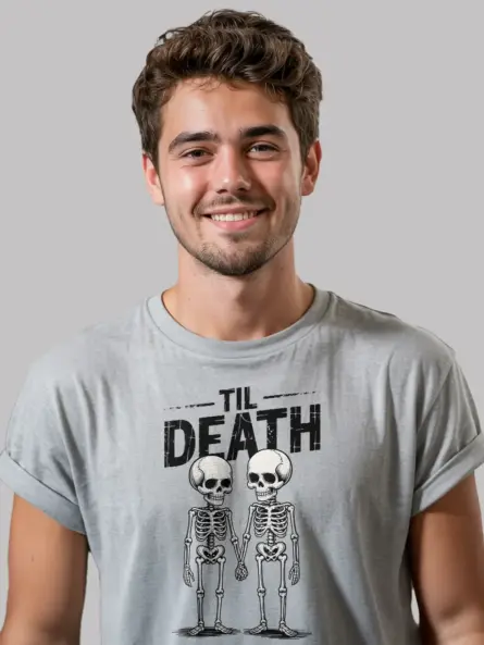 lifestyle – alternative Halloween outfit with grey skeleton couple t-shirt