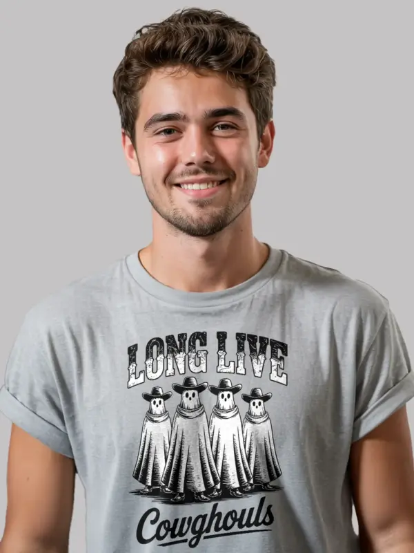 grey lifestyle shot – spooky ghost cowgirl Halloween western ghost cowboy t-shirt