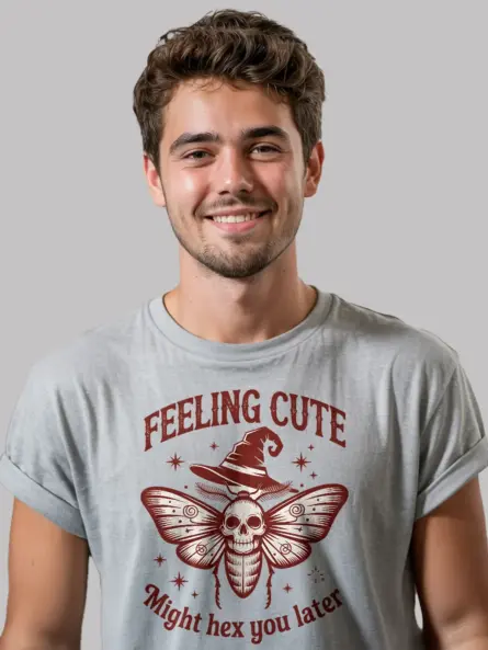 close-up of red moth skull print on grey witchcore t-shirt