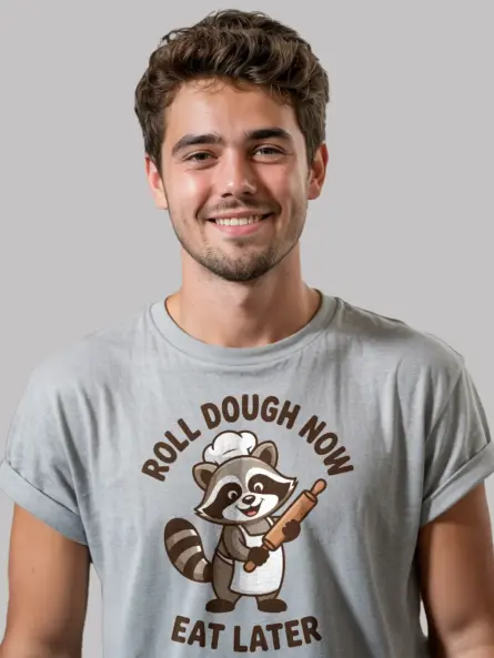 Funny Baking T-Shirt – “Roll Dough Now Eat Later” Raccoon Chef Tee - Image 2