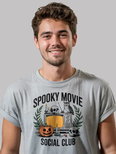 grey spooky movie social club t-shirt front view – skull and pumpkin design