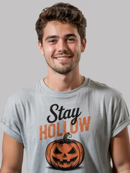 grey front view – Stay Hollow jack o lantern vintage pumpkin Halloween t-shirt