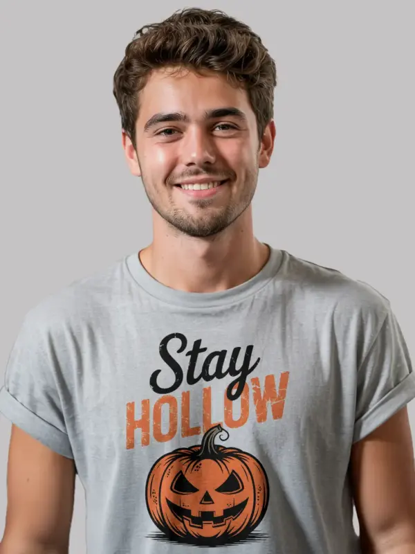 grey front view – Stay Hollow jack o lantern vintage pumpkin Halloween t-shirt