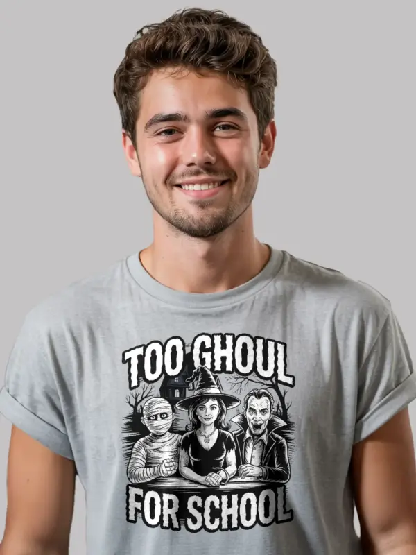 grey too ghoul for school t-shirt front view – vintage horror mummy witch vampire