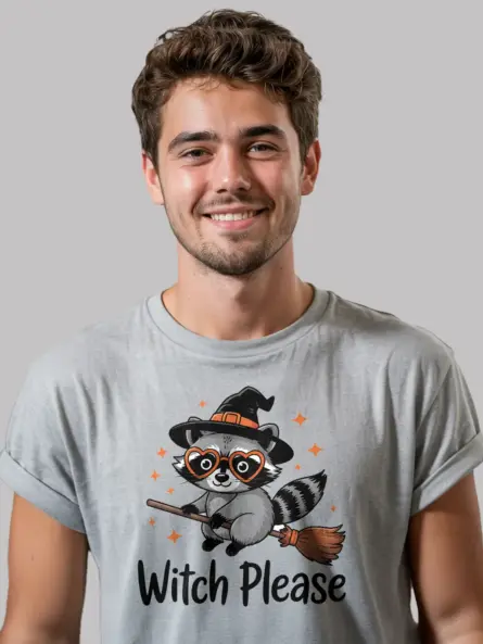 grey front view – Witch Please Cartoon Shirt – witch please raccoon t-shirt