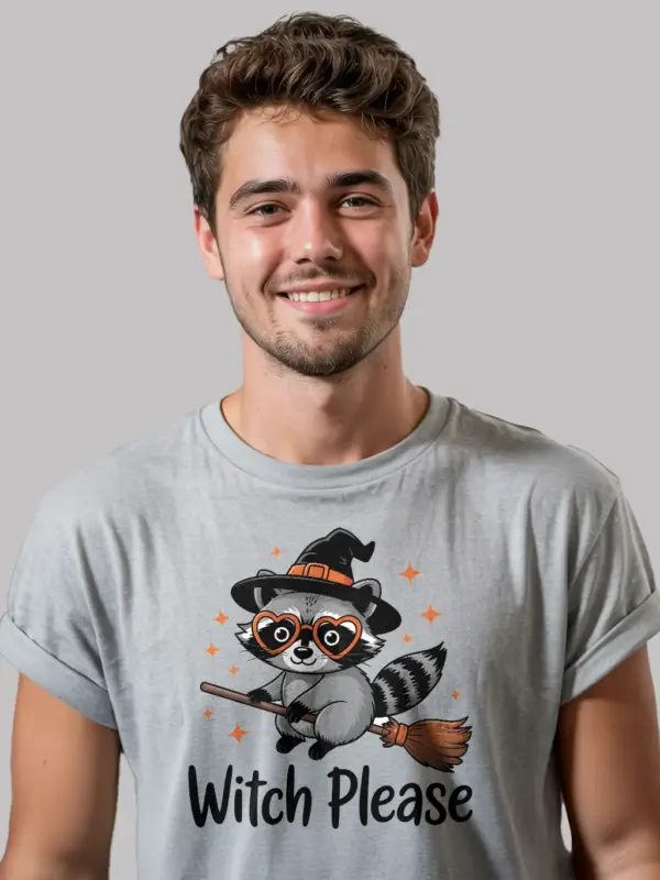 grey front view – Witch Please Cartoon Shirt – witch please raccoon t-shirt