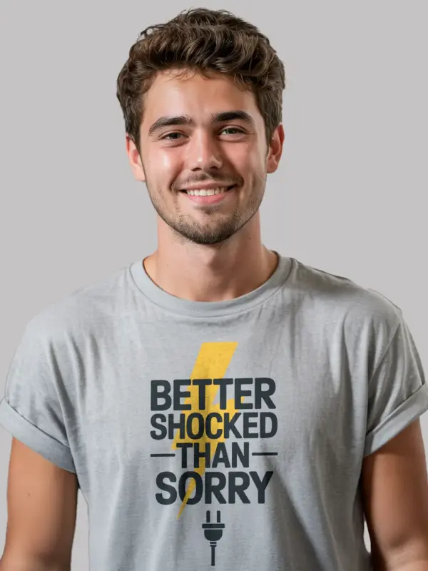 Grey Better Shocked Than Sorry Shirt Front – electrician safety t-shirt, workplace slogan design