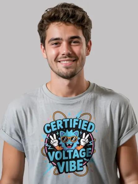 Grey Certified Voltage Vibe Shirt Front – funny electrician vibe t-shirt, high voltage style
