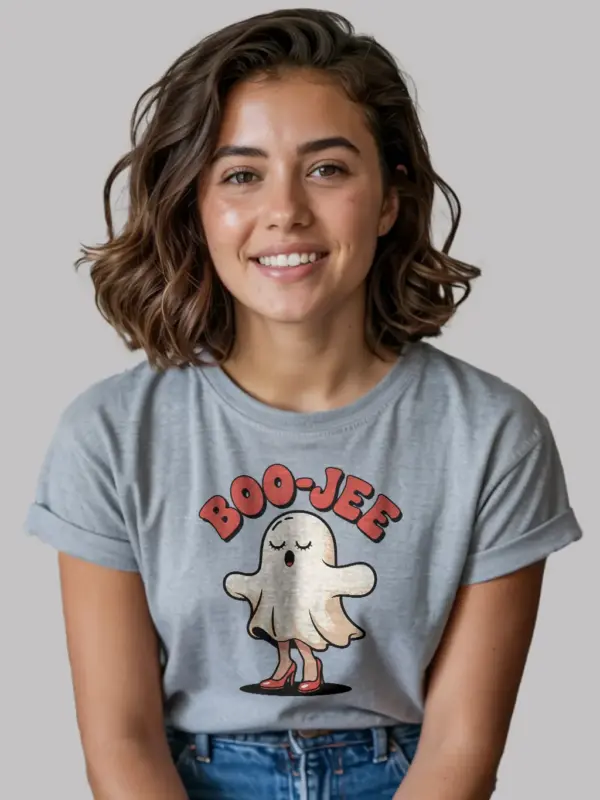 grey Shirt Front View Boo Jee Ghost – boo jee halloween t-shirt cute ghost retro