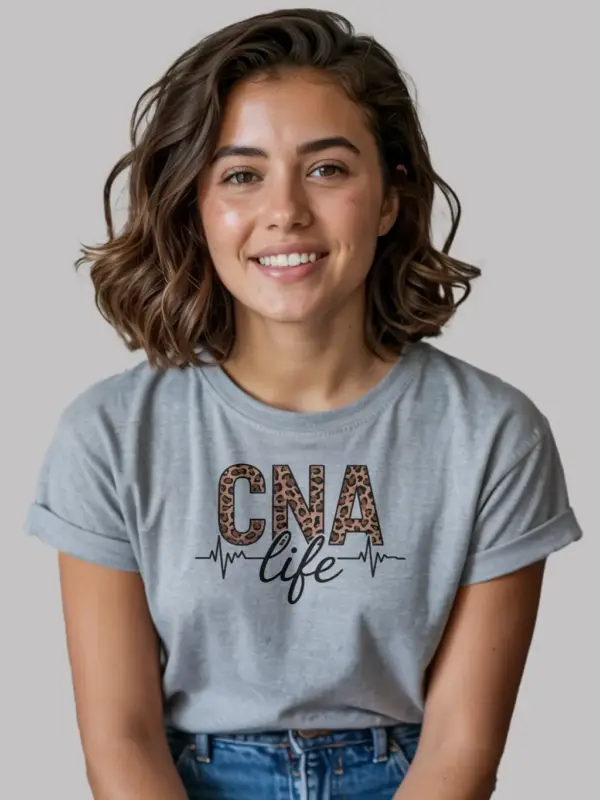 grey cna life leopard print shirt with EKG line