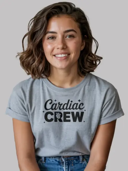 grey cardiac crew shirt lifestyle shot with hospital staff