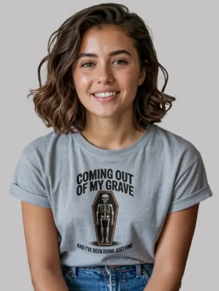 grey Shirt Lifestyle Shot – Coming Out of My Grave – funny skeleton coffin t-shirt