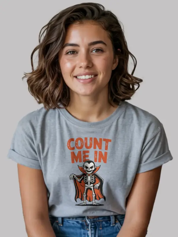grey Shirt Lifestyle Shot – Count Me In – funny vampire skeleton t-shirt