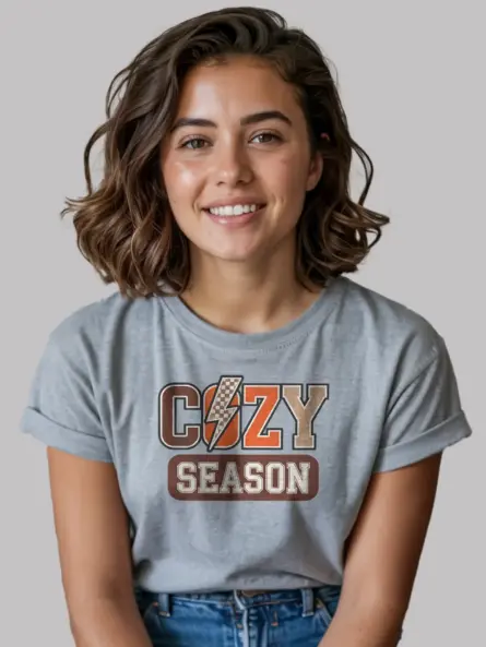 grey front – cozy season t-shirt in retro varsity letters