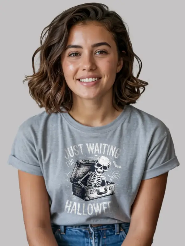 lifestyle – fun spooky season look with grey Halloween skeleton shirt