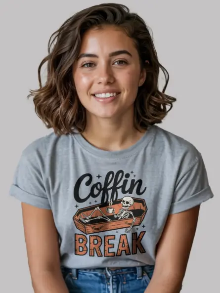 lifestyle – grey skeleton coffee Halloween shirt worn by caffeine lover