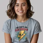 Grey shirt front view – smiling bolt character design – electrician dad kids t-shirt