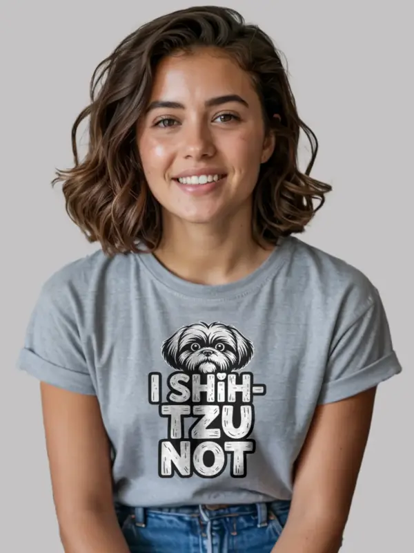 grey front – funny Shih Tzu t-shirt with bold pun in grey