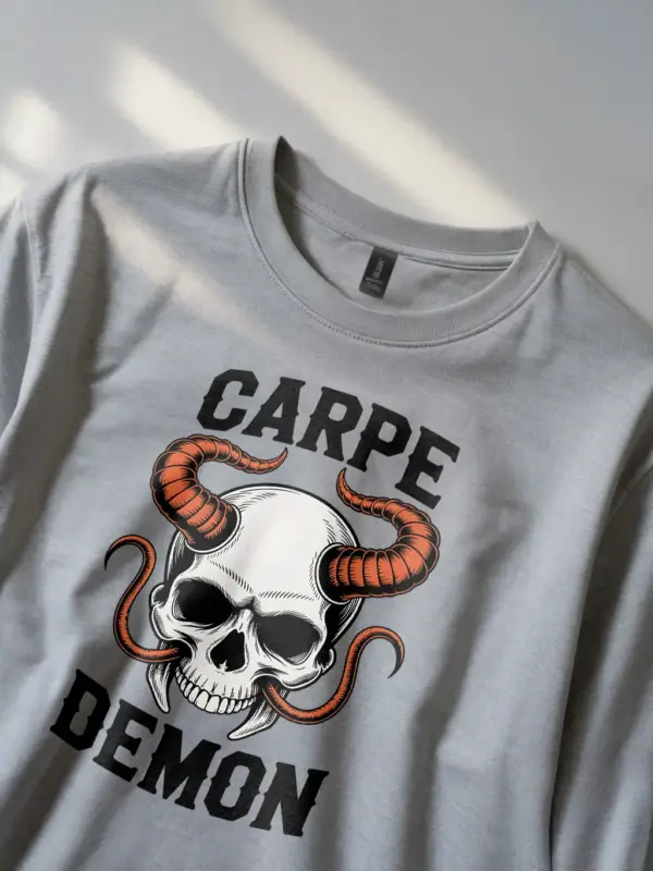 grey Shirt Lifestyle Shot – Carpe Demon – carpe demon skull t-shirt
