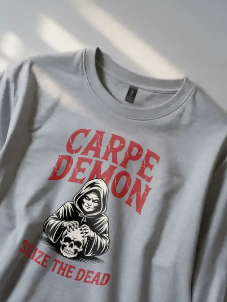 grey Shirt Lifestyle Shot – Carpe Demon – carpe demon reaper t-shirt
