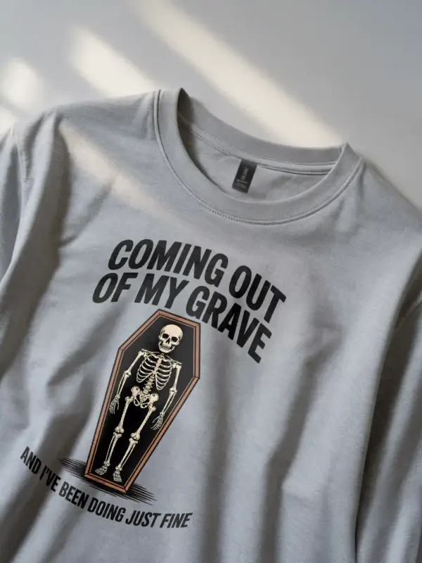 grey Shirt – Coming Out of My Grave – funny skeleton coffin t-shirt