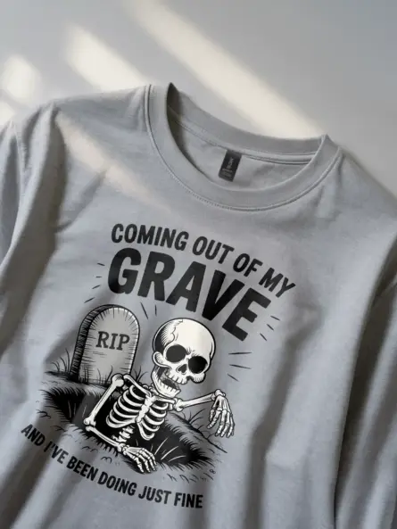 gray Coming Out of Grave funny skeleton grave t-shirt