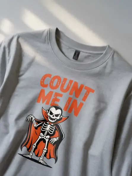 Shirt Front View – Count Me In – funny vampire skeleton t-shirt