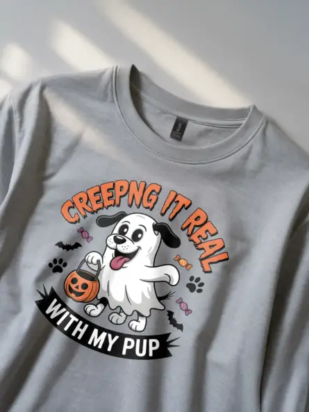 Lifestyle shot grey Creeping It Real Dog Halloween T-Shirt for dog lovers
