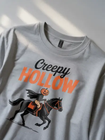 grey shirt with vintage headless horseman design