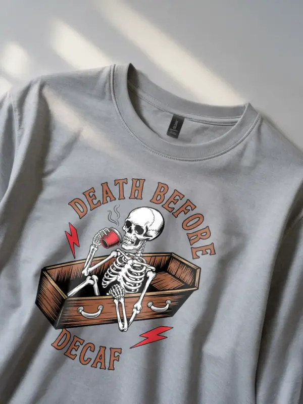 grey lifestyle – Retro Gothic Coffee Shirt – death before decaf vintage t-shirt