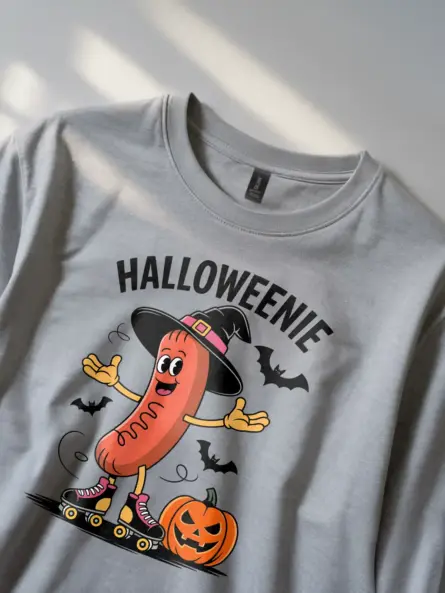 grey front view – Halloweenie Hot Dog Shirt – halloweenie hot dog t-shirt