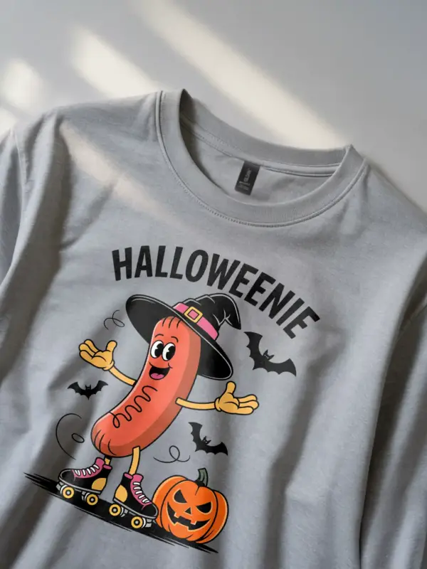 grey front view – Halloweenie Hot Dog Shirt – halloweenie hot dog t-shirt