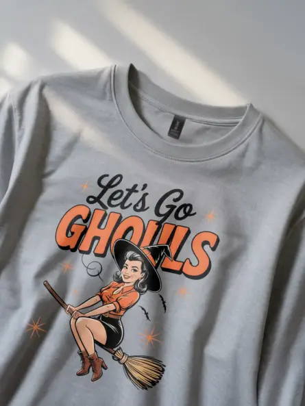 grey lifestyle – model wearing retro witch Halloween t-shirt at party