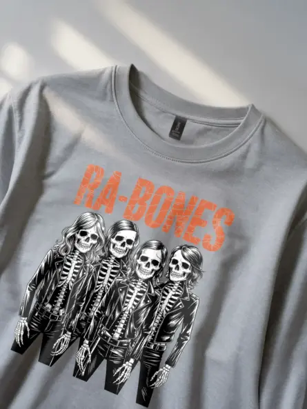 grey lifestyle – person wearing punk rock skeleton band t-shirt at a Halloween party