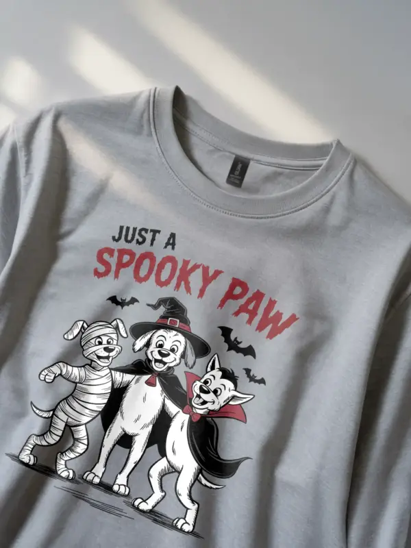 grey close-up – mummy and witch dog illustration on grey spooky dog Halloween t-shirt