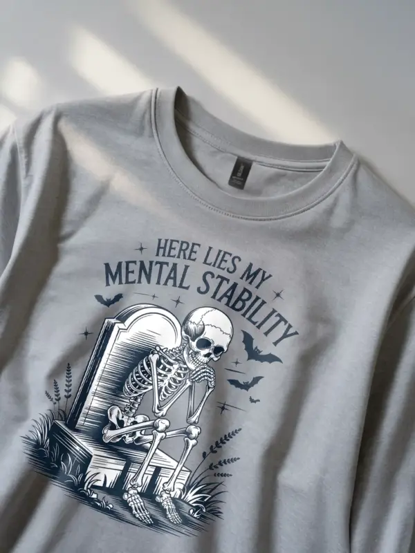 Grey close-up – gothic font mental stability skeleton t-shirt detail grey