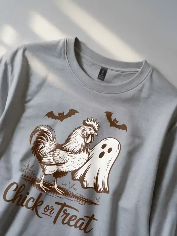 grey spooky rooster and ghost Halloween tee close-up