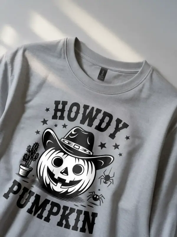 Grey close-up – bold retro lettering on cowboy pumpkin Halloween shirt grey
