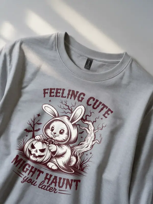 grey spooky bunny and jack-o'-lantern black Halloween shirt closeup