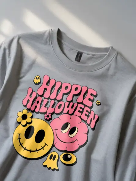 Grey close-up – groovy bubble text and smiley detail hippie Halloween shirt grey