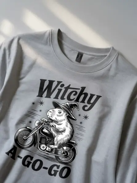 Grey lifestyle shot – Witchy A Go Go witchy capybara t-shirt