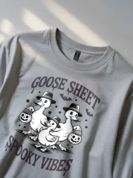 close-up of funny goose Halloween shirt grey version