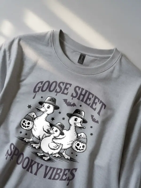 close-up of funny goose Halloween shirt grey version