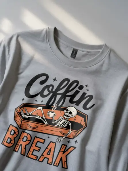 close-up print of skeleton coffee Halloween shirt grey