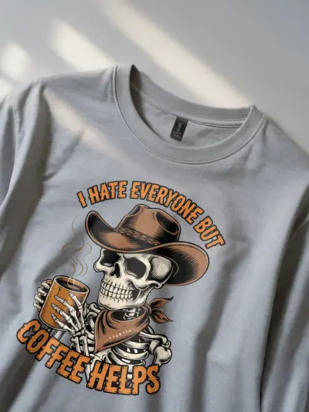 Grungy Skeleton Cowboy Coffee T-Shirt – Funny Anti-Social Vintage Tee - Image 3