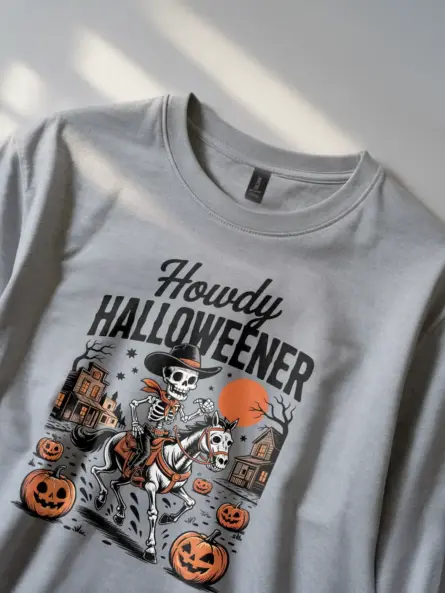 Grey close-up – handwritten and block lettering cowboy skeleton Halloween shirt grey