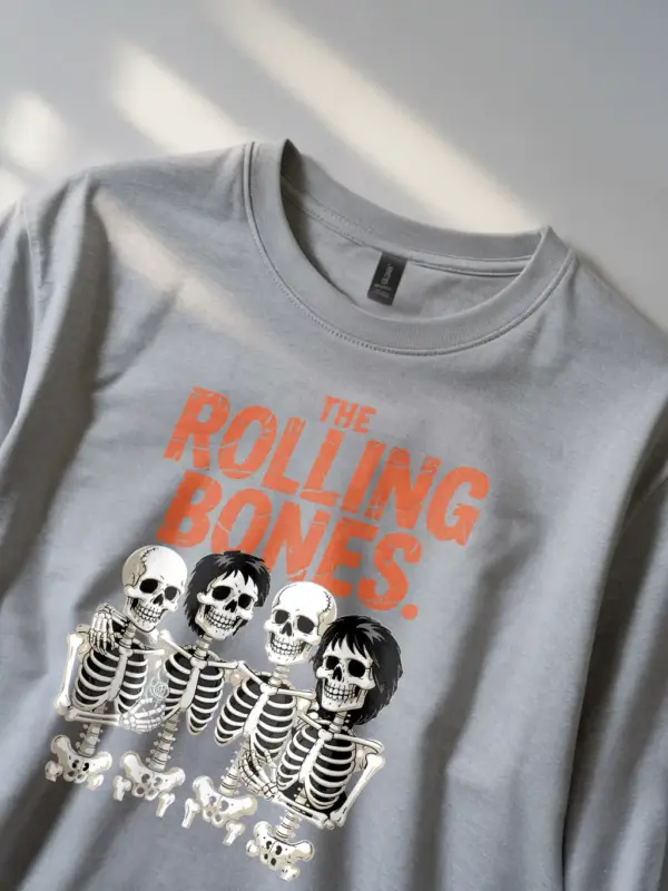grey close-up – distressed text detail on grey vintage Halloween rock band t-shirt