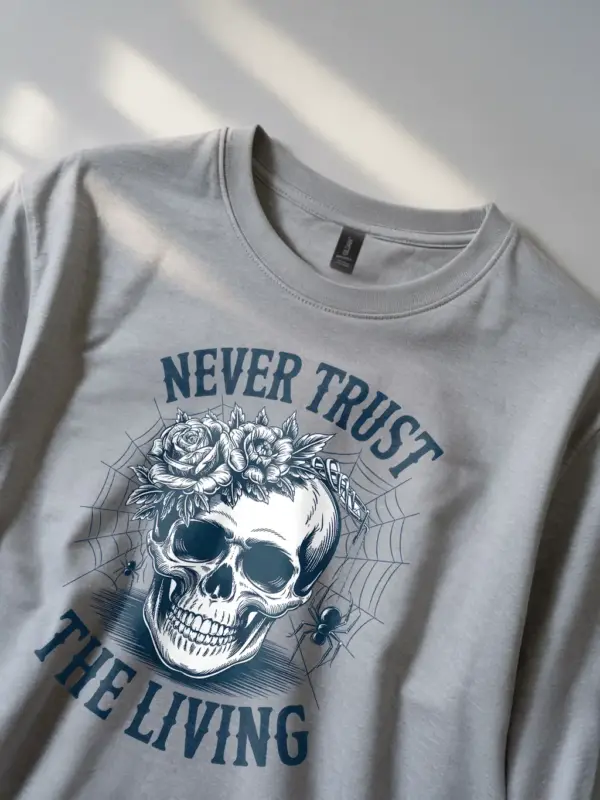 grey folded flat – vintage horror flower skull tee – gothic skull floral t-shirt