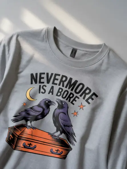 grey front view – coffin raven art print – gothic raven literary pun t-shirt