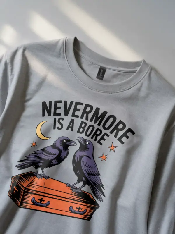 grey front view – coffin raven art print – gothic raven literary pun t-shirt